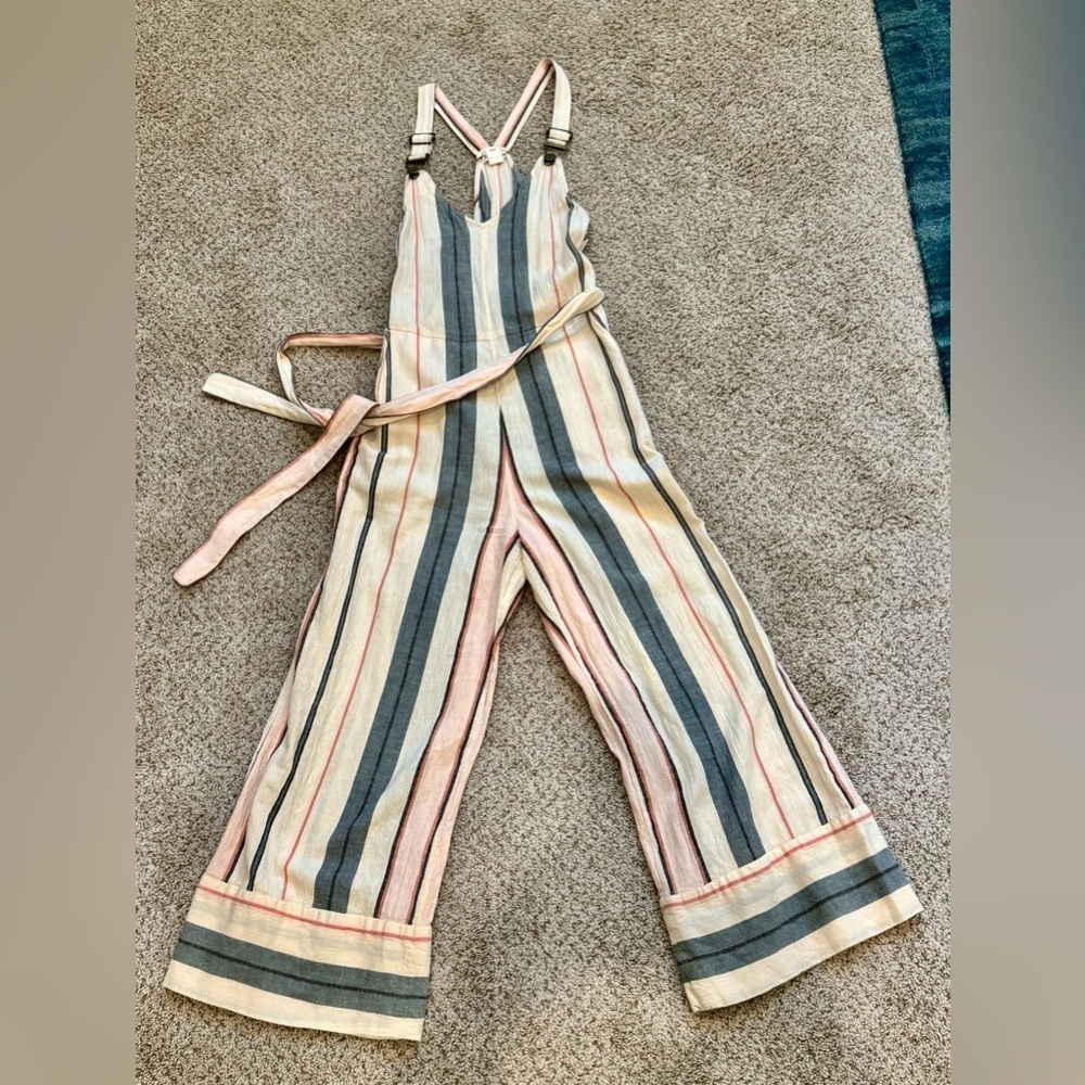 Billabong Womens S Linen Blend Striped Wide Leg Jumpsuit Boho Beach Resort Style